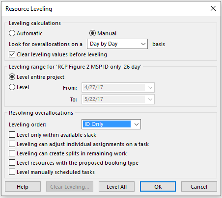Figure 1 MSP ID Only Leveling Options Dialog